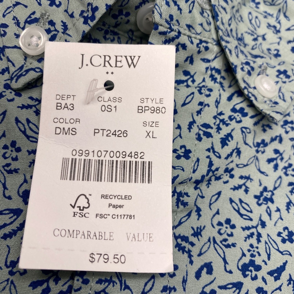 J.Crew Button Down Shirt Mens XL Green Blue Floral Slim Flex Washed Casual - Picture 2 of 8